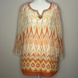 Alfred Dunner Boho Tunic Top Beaded Neckline Tuscan‎ Sunset Women Plus 14 NEW